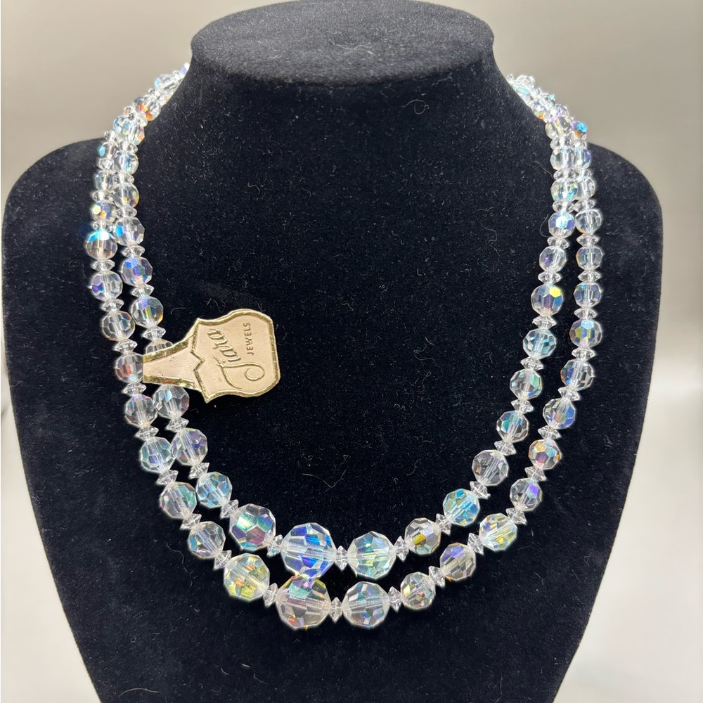Vintage Clear AB Crystal Glass 14” Double Strand Necklace NEW Old Stock Tiara